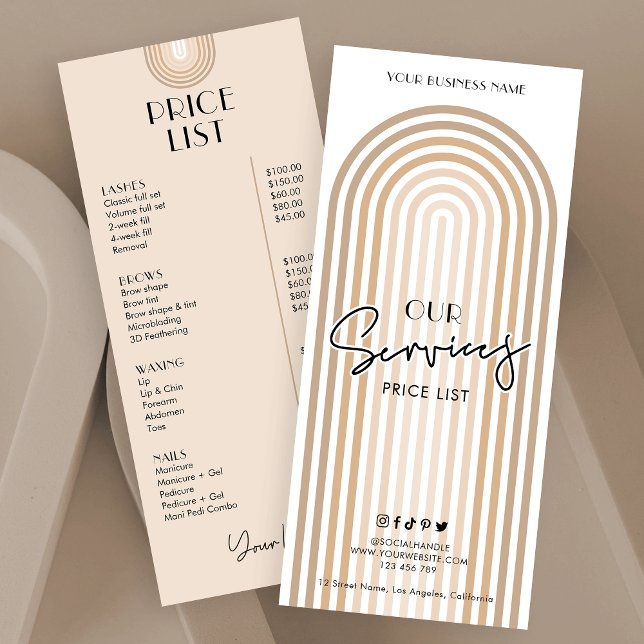 Retro Arch Boho Beige Trendig Hair Salon Pris List Reklamkort (Elegant boho inspired business price list menu in cream and white and trendy fonts)
