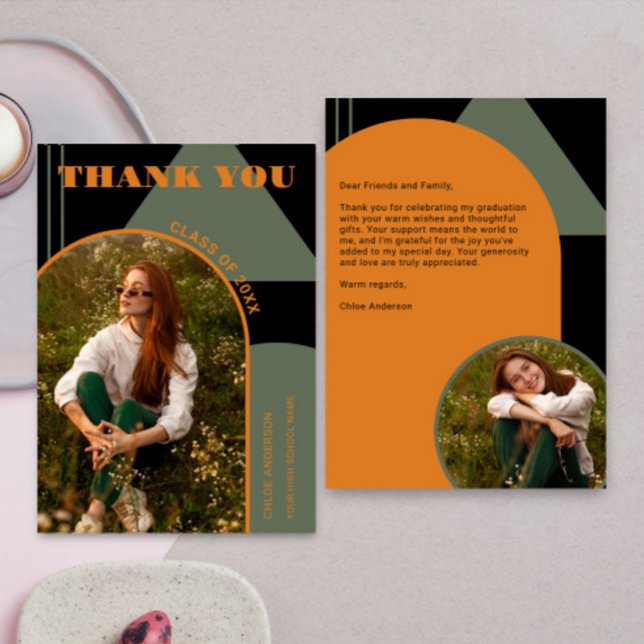 Retro Arch Grönt & Orange 2 Photo Studenten Tack Kort (Skapare uppladdad)