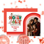Retro Arch Holly Jolly-julfamiljfoto Julkort<br><div class="desc">Retro Arch-fotodesign i nyans från rosa,  korall och korallrött på vitt "Oh by Golly Ha a Holly Jolly jul i år".</div>