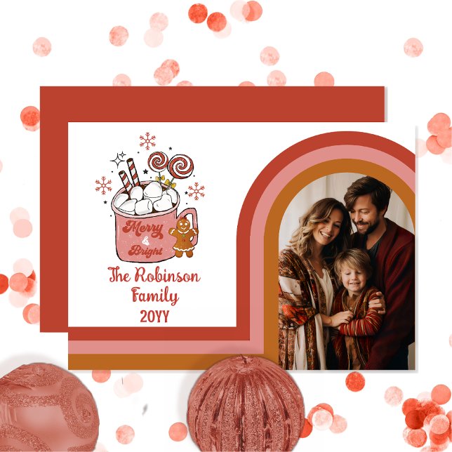 Retro Arch Merry och Bright julfamiljs foto Julkort (Retro Arched Photo Merry and Bright Hot Cocoa Gingerbread Christmas Family Card)