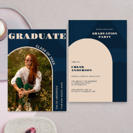 Retro Arch Navy Blue Photo Studenten Inbjudningar