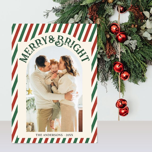 Retro Arch Rand Family Photo Merry Bright Julkort (Skapare uppladdad)