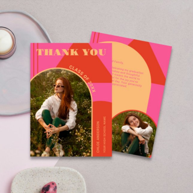 Retro Arch Rosa & Orange 2 Photo Studenten Tack Kort (Skapare uppladdad)