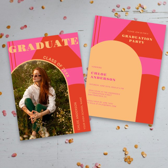 Retro Arch Rosa & Orange Photo Studenten Inbjudningar (Skapare uppladdad)