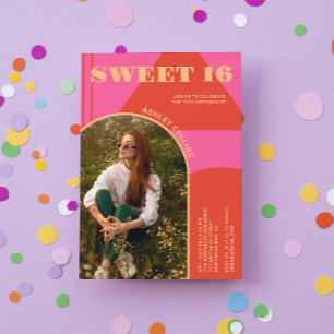 Retro Arch Rosa & Orange Photo Sweet 16 Birthday Inbjudningar