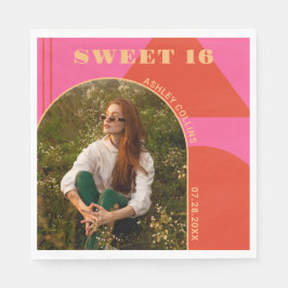 Retro Arch Rosa & Orange Photo Sweet 16 Birthday Pappersservett