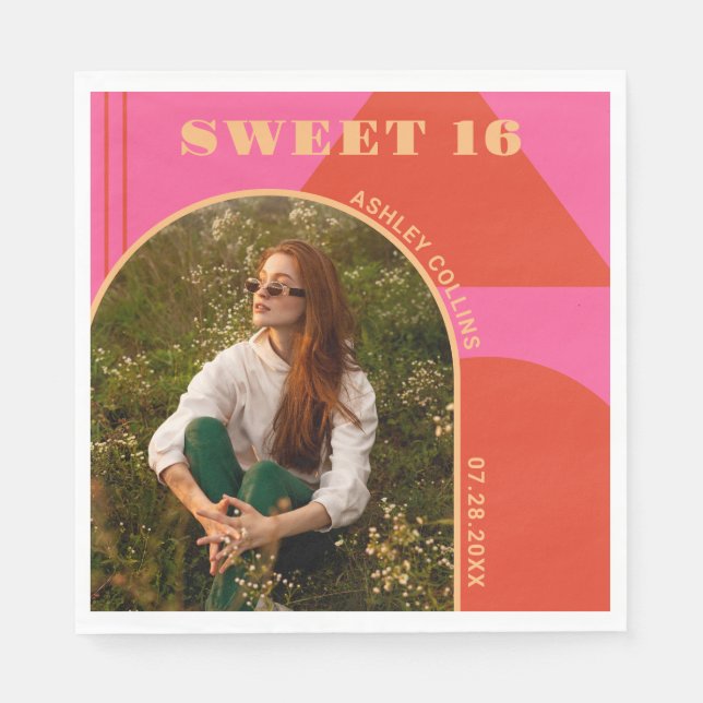 Retro Arch Rosa & Orange Photo Sweet 16 Birthday Pappersservett (Framsidan)