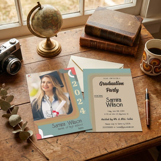 Retro Ark Foto 2026 Examenfest Boho Vintage Inbjudningar (Hand-Drawn Gradient Graduation Party Invitation)