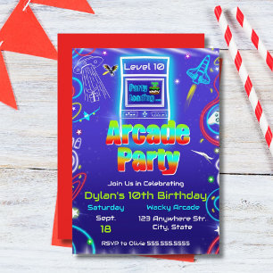 Retro Arkad Kraft Upp Spel Födelsedagsfest Inbjudningar