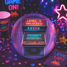 Retro Arkad Level Up Födelsedagsfest Pappers Tallr