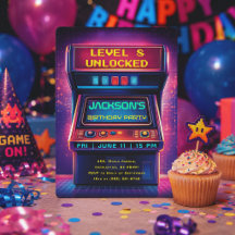 Retro Arkad Level Up Födelsedagsinbjudan