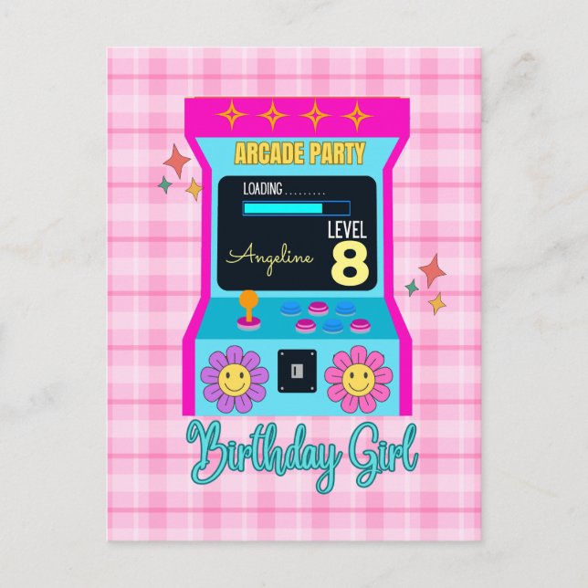Retro arkadspel födelsedagsfest Blå Rosa Vykort (Framsida)
