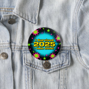 Retro arkadstil "Jag överlevde 2025 - Hej 2026!" Knapp