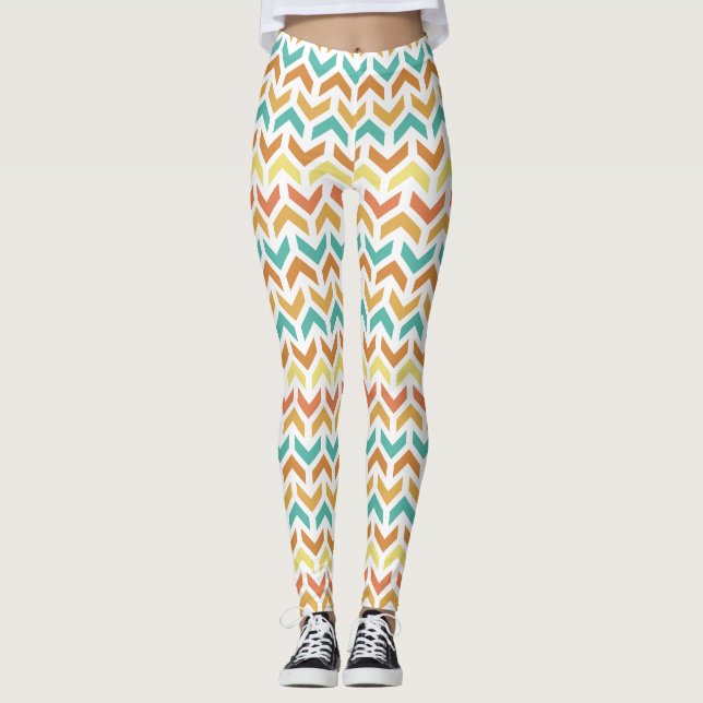 Retro Arrows Chevron Orange Teal Guld Mönster Leggings (Framsida)