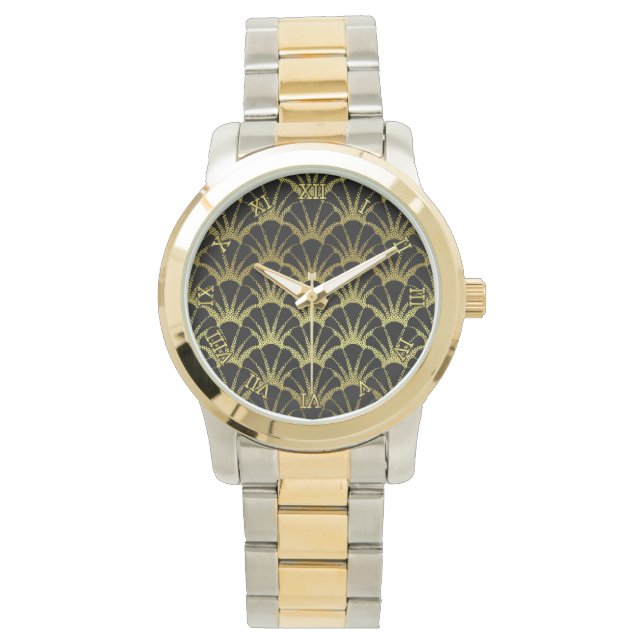 Retro Art Deco Black/Guld Snäcka  Mönster Armbandsur (Framsida)
