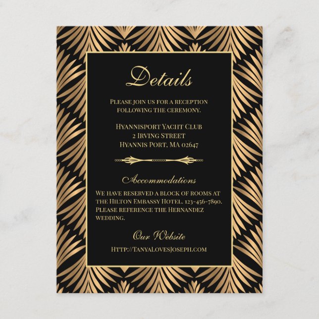 Retro Art Deco Bröllopsdetaljer Great Gatsby Tilläggskort (Framsida)