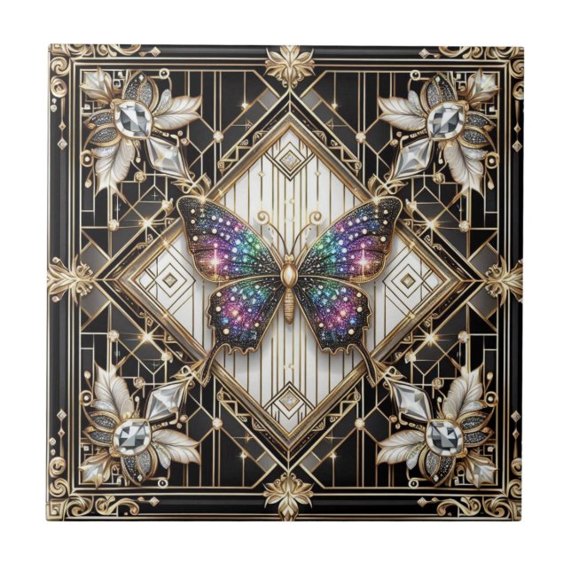 Retro Art Deco Nouveau Rainbow Butterfly Kakelplatta (Framsidan)