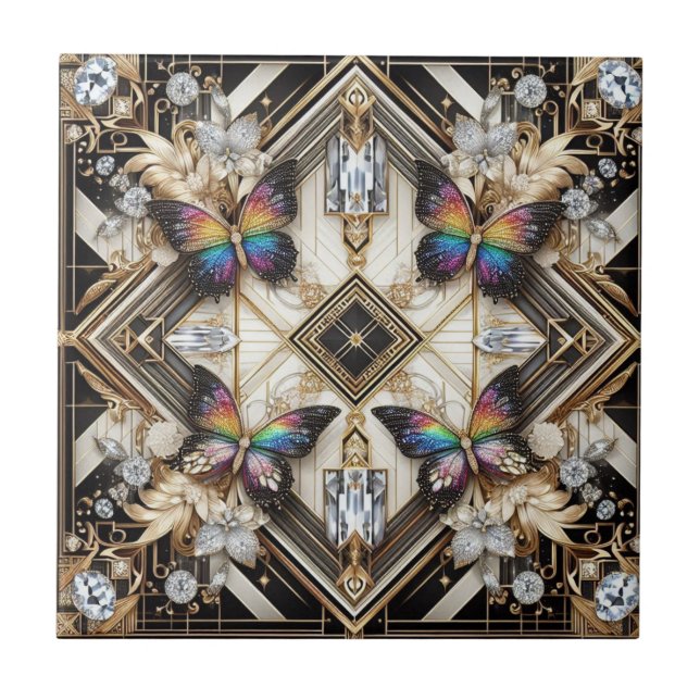 Retro Art Deco Nouveau Rainbow Butterfly Kakelplatta (Framsidan)