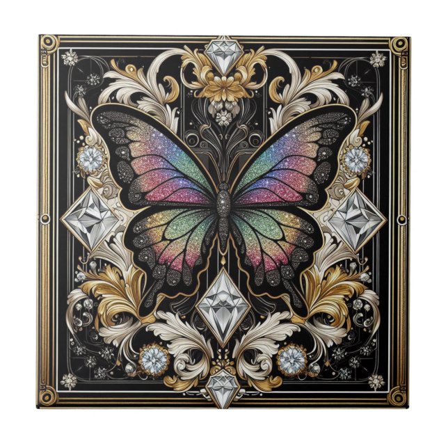 Retro Art Deco Nouveau Regnbåge Fjäril Kakelplatta (Framsidan)