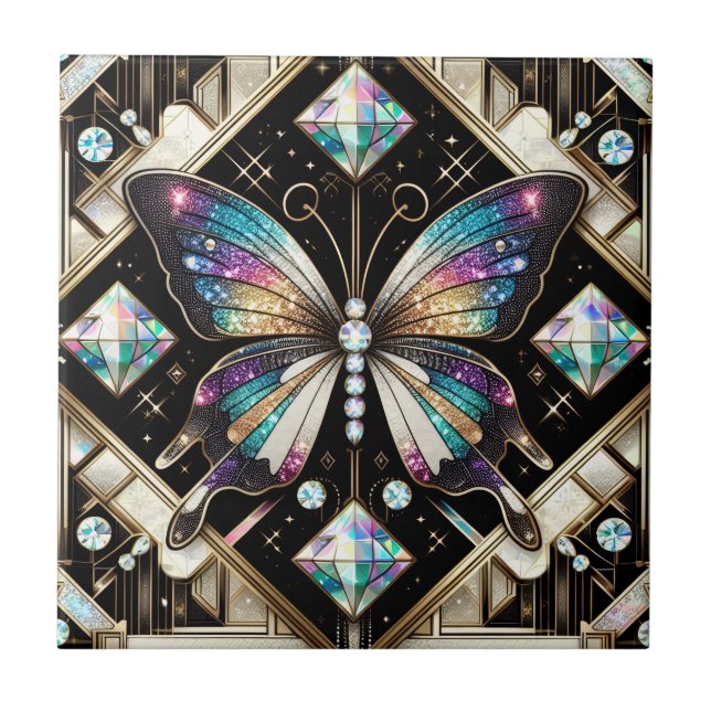 Retro Art Deco Nouveau Regnbåge Fjäril Kakelplatta (Framsidan)