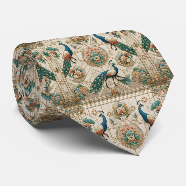 Retro Art Deco Påfåglar Slips (Rullad)