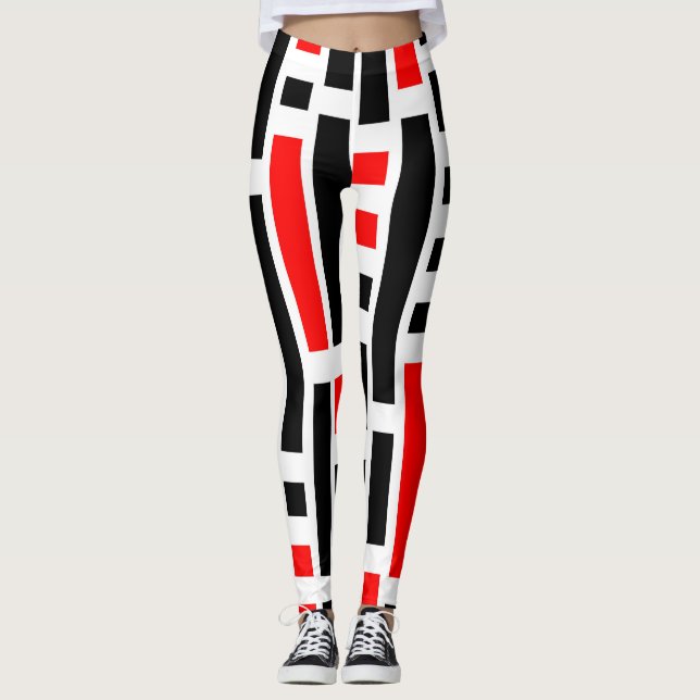 Retro Art Deco Red Black Abstrakt Mönster Design Leggings (Framsida)