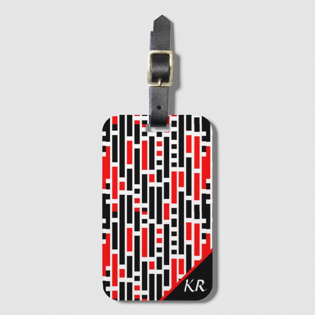 Retro Art Deco Red Black Abstrakt Mönster Monogram Bagagebricka (Framsida vertikal)