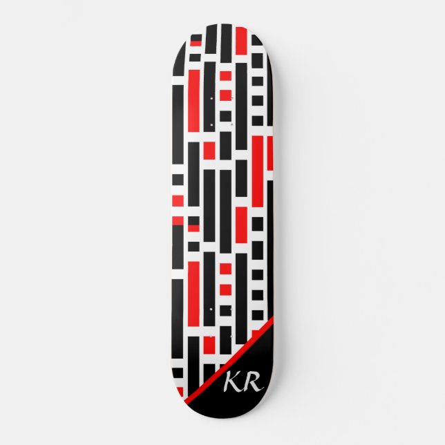 Retro Art Deco Red Black Abstrakt Mönster Monogram Mini Skateboard Bräda 18,5 Cm (Framsida)