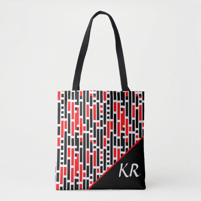 Retro Art Deco Red Black Abstrakt Mönster Monogram Tygkasse (Framsida)