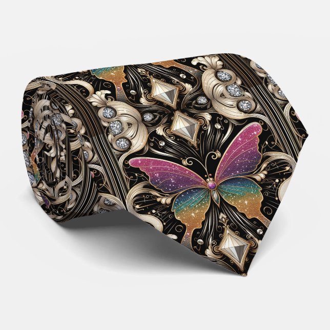 Retro Art Deco Regnbåge Fjäril Nouveau Slips (Rullad)