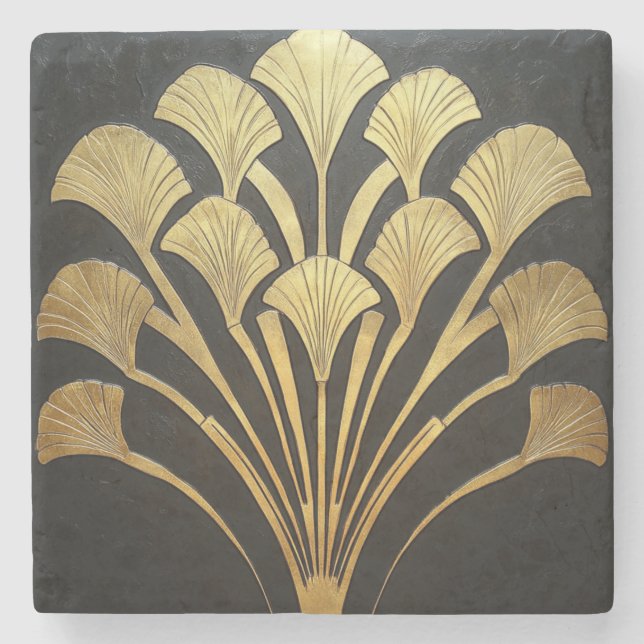 Retro Art Deco Svart Guld Hieroglyfisk Växt Stenunderlägg (Framsidan)