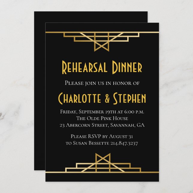 Retro Art Deco Underbar Gatsby Guld & Black Bröllo Inbjudningar (Fram/baksida)