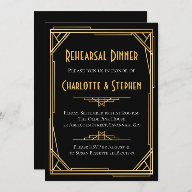 Retro Art Deco Underbar Gatsby Guld & Black Bröllo Inbjudningar (Fram/baksida)