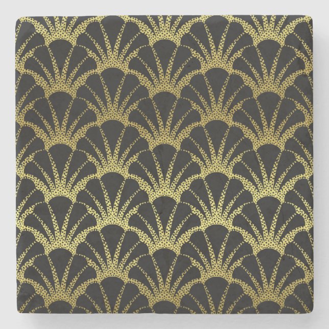 Retro art décosvart/guld- snäckafjällmönster underlägg sten (Framsidan)