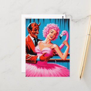 Retro Art Djävulen med Ballet Dancer Rosa Flamingo Vykort
