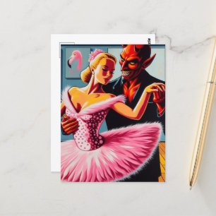Retro Art Djävulen med Flamingo Dancer Vykort