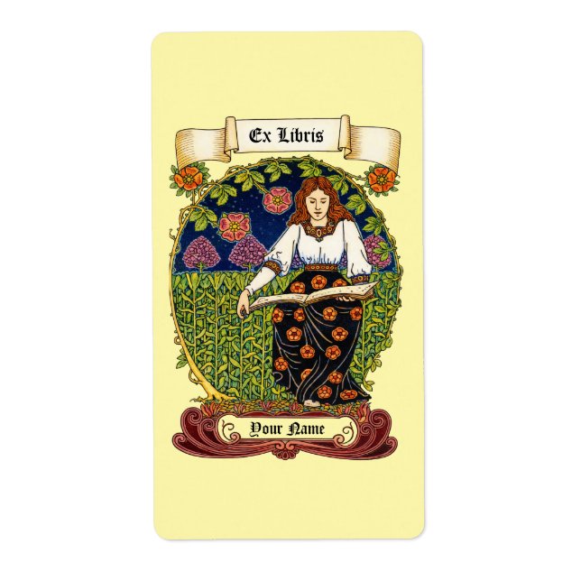 Retro Art Nouveau Ex Libris Flicka & Bok Mall Fraktsedel (Framsidan)