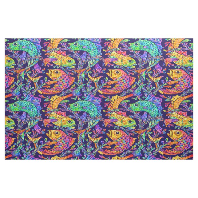 Retro Art Nouveau Fisk & Sjögräs Mönster Tyg (Fat Quarter)