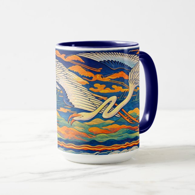 Retro Art Nouveau Flygande Flamingor Fris Mugg (Framsida höger)