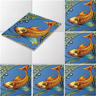 Retro Art Nouveau Koi Fiskmönster Kakelplatta