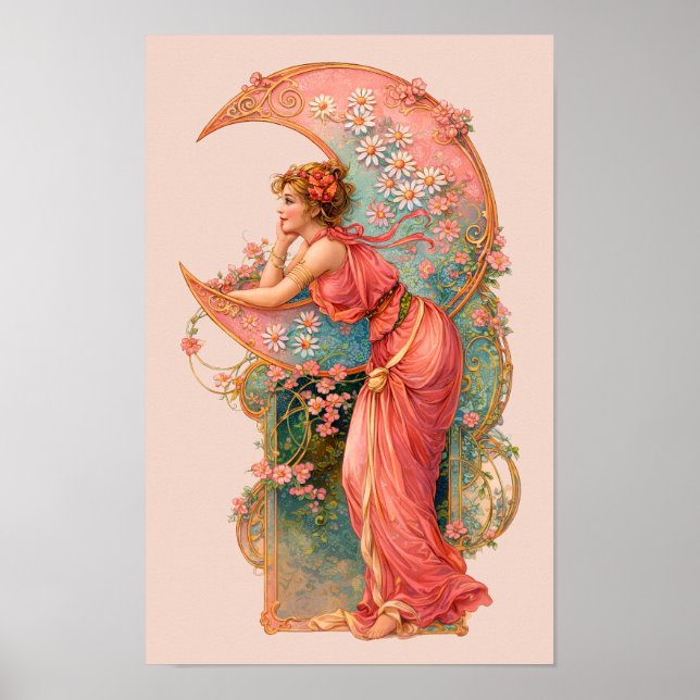 Retro Art Nouveau Kvinna & Halvmåne Poster (Framsidan)