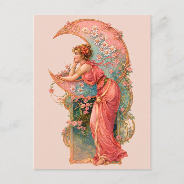 Retro Art Nouveau Kvinna & Halvmåne Vykort (Framsida)