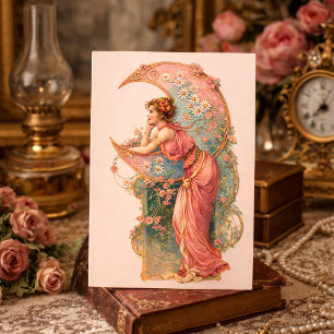 Retro Art Nouveau Kvinna & Halvmåne Vykort