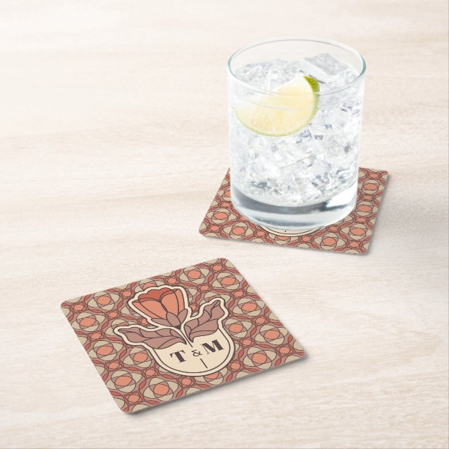 Retro Art Nouveau Monogram Bröllops Coaster Underlägg Papper Kvadrat (Insitu)