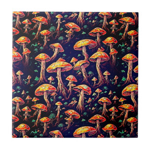 Retro Art-svampar - Bioluminescent Dreamscape Kakelplatta