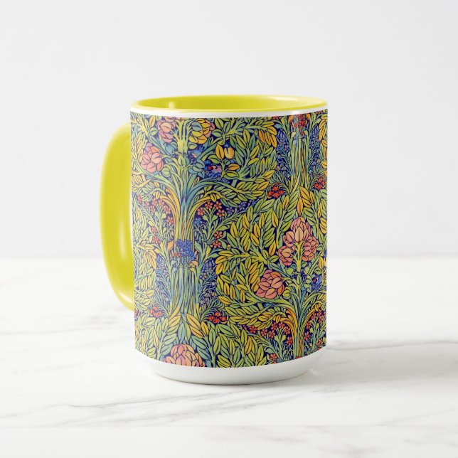 Retro Arts & Crafts stil Fåglar i Träd Mönster Mugg (Framsida vänster)