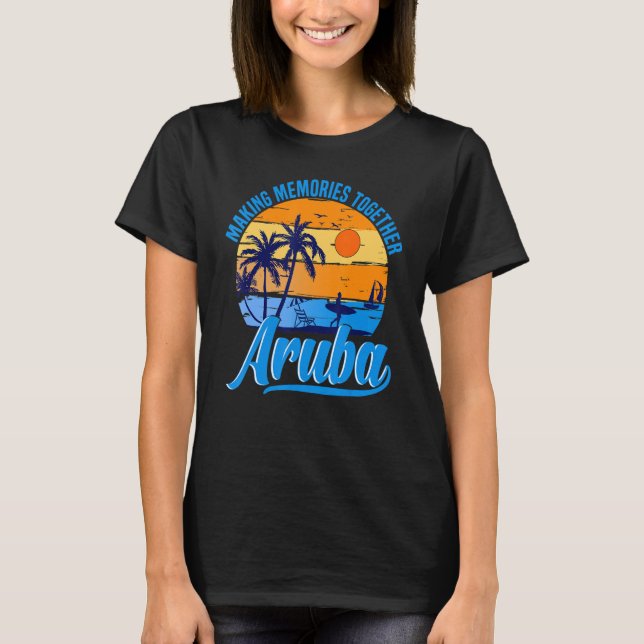 Retro Aruba Caribe Handflatan Träd, sommaruppehåll T Shirt (Framsida)