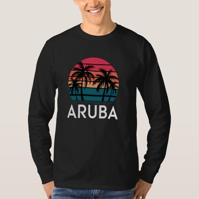 Retro Aruba, Roligt Beach Sunset Handflatan Träd,  T Shirt (Framsida)