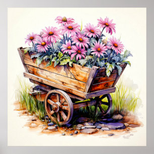 Retro Aster Flowers i en trävagn Poster