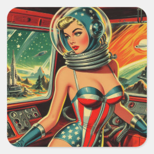 Retro Astronaut Girl Fyrkantigt Klistermärke